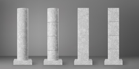 Concrete cylinder and square columns set with rectangular plinth isolated on grey background. Realistic cement 3d pillar for modern room interior or bridge construction. Vector concrete pole base. - obrazy, fototapety, plakaty