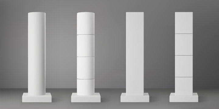 Base white cylinder and square columns set with rectangular plinth isolated on grey background. Realistic 3d pillar for modern room interior or bridge construction. Render pole base for billboard.