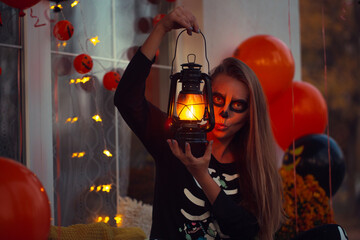 Woman preparing for Halloween