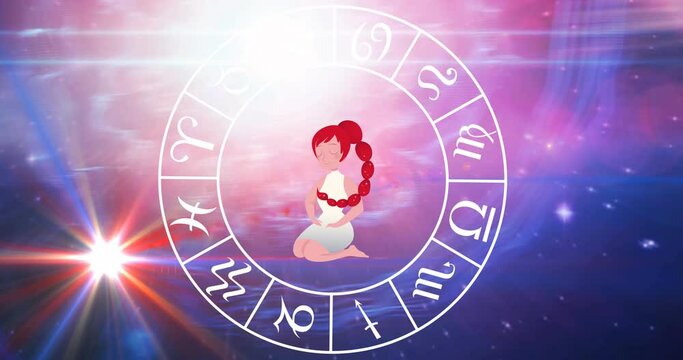 Animation of scorpio star sign with horoscope wheel spinning over stars on blue to purple background