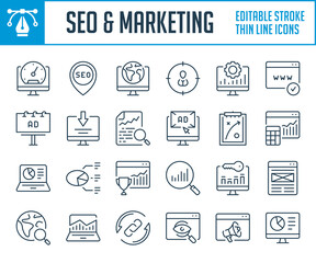 SEO and Marketing thin line icons. Ecommerce strategy, Online advertisements and Business support outline icon set. Editable stroke icons.