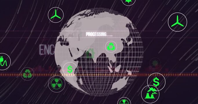 Animation of ecology and green energy icons over globe