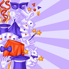 Magician background with magic items. Illusionist show or performance banner. Cartoon style illustration of tricks.