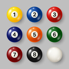 Colorful billiard, pool balls with numbers on gray background. Realistic glossy snooker ball. Vector illustration.