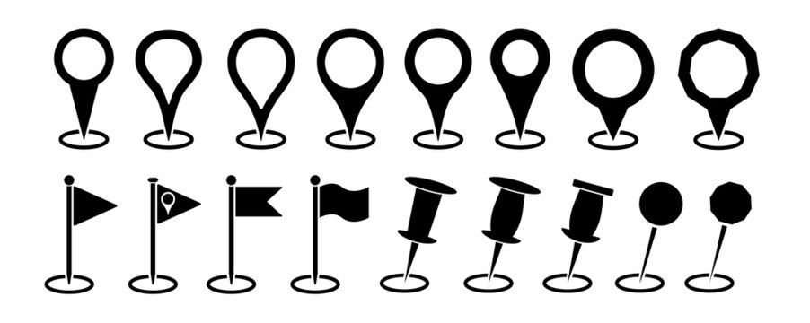 Black location pin, flag marker vector icon set. Gps map markers illustration collection isolated on white background, to use in gps, travel, turism, automotive design projects.
