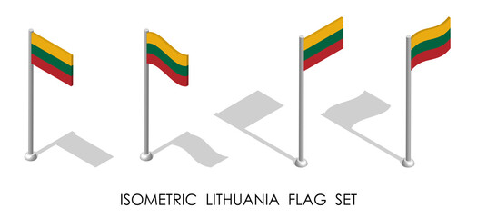 isometric flag of LITHUANIA in static position and in motion on flagpole. 3d vector