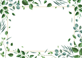 Frame with branches and green leaves. Spring or summer stylized foliage.