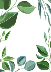 Card or background with branches and green leaves. Spring or summer stylized foliage.