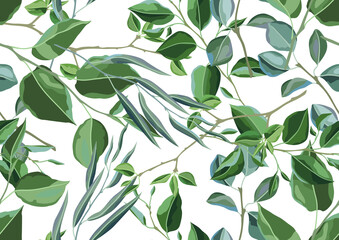 Seamless pattern with branches and green leaves. Spring or summer stylized foliage.