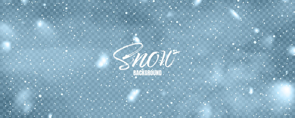 Realistic falling snow with snowflakes. Blue winter background for Christmas or New Year card. Frost storm effect. Vector illustration.