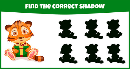 Find the correct shadow. Educational matching game for children with cute tiger.