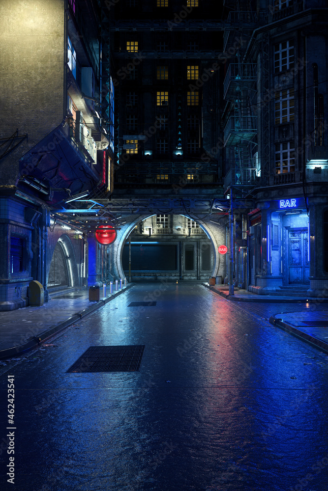 Aufkleber Dark and moody urban street view in a futuristic city at night, realistic 3D rendering in portrait format with copy space.