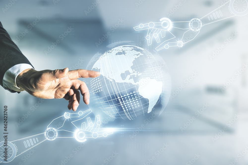 Aufkleber man hand working with abstract virtual robotics technology hologram with globe sketch on blurred off