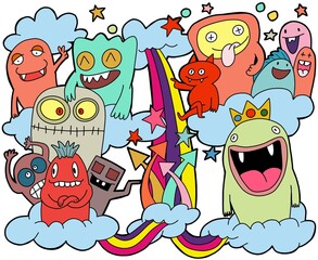 animal; comic; colorful; fashion; idea; happy; pattern; cute; alien; smile; stripes; character; design; drawing; graphic; funny; hand; art; fantasy; cartoon; crowded; draw; doodle; monster; background