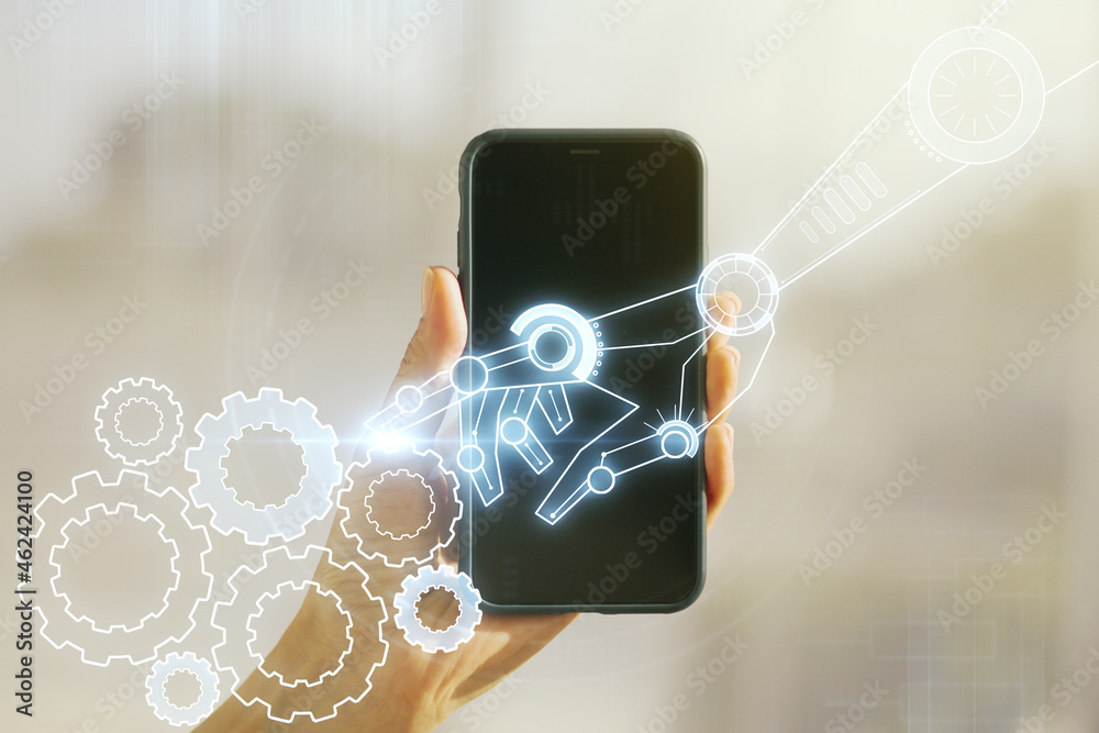 Aufkleber Creative abstract robotics technology sketch and hand with cellphone on background, future technology and AI concept. Double exposure