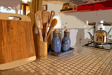 Illustration of kitchen counter with wooden chopping board and utensils