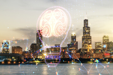 Abstract virtual light bulb illustration with human brain on Chicago cityscape background, future technology concept. Multiexposure