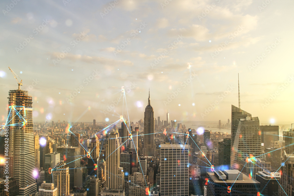 Poster abstract virtual wireless technology hologram on new york city skyline background. big data and data