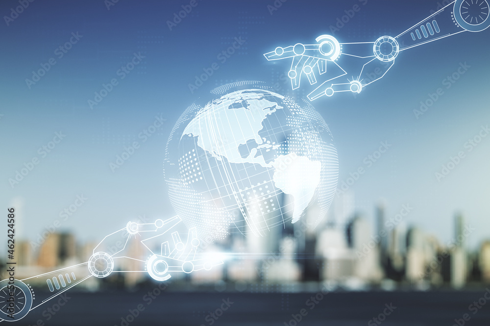 Aufkleber abstract virtual robotics technology sketch with globe on blurry office buildings background, future