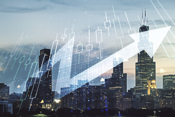 Abstract creative financial diagram and upward arrow hologram on Chicago office buildings...