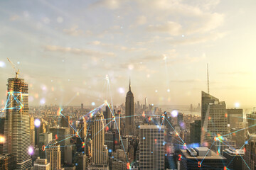 Abstract virtual wireless technology hologram on New York city skyline background. Big data and...