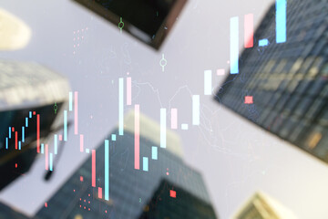 Double exposure of abstract financial graph on office buildings background, forex and investment concept