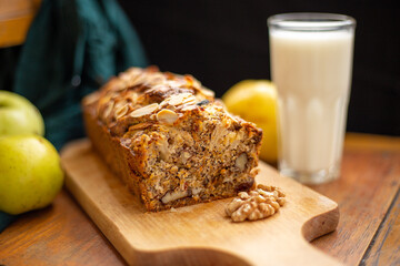 carrot cake with apples and a glass of milk, homemade cakes, comfort