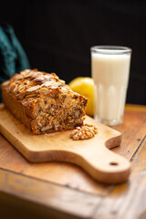 carrot cake with apples and a glass of milk, homemade cakes, comfort
