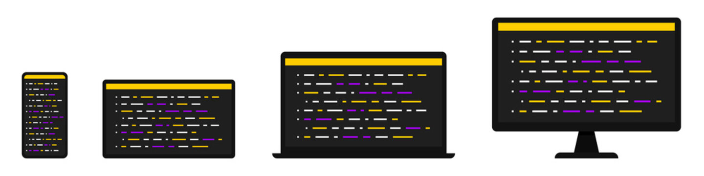 Programming. Coding. Development and software. Web. SEO. Writing code on the screen of a smartphone, tablet, laptop, and computer. Flat style. Vector illustration
