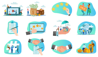 Contract signing, bank deposit insurance, rating,video conference.A set of flat icons vector illustrations on the topic of business and technology.