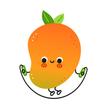 Cute funny mango fruit make workout with jump rope. Vector hand drawn cartoon kawaii character illustration icon. Isolated on white background. Mango exotic baby fruit character concept