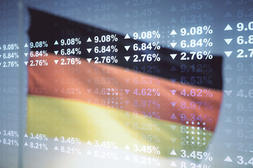 Abstract virtual analytics data spreadsheet on German flag and sunset sky background, analytics and analysis concept. Multiexposure