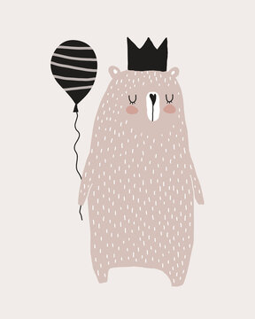 Simple Hand Drawn Vector Illustrations with Cute Bear Wearing Black Crown. Infantile Style Nursery Vector Print for Wall Art, Poster, Card. Funny King Bear with Black Balloon on a Beige Background.