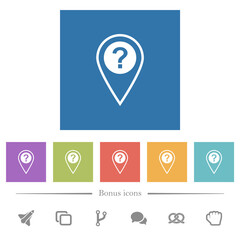 Unknown GPS location flat white icons in square backgrounds