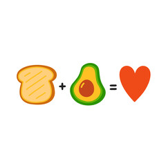 Toast plus avocado equals love. Cute funny poster,card illustration. Vector cartoon illustration icon. Isolated on white background. Toast with avocado, funny mathematical equation, concept