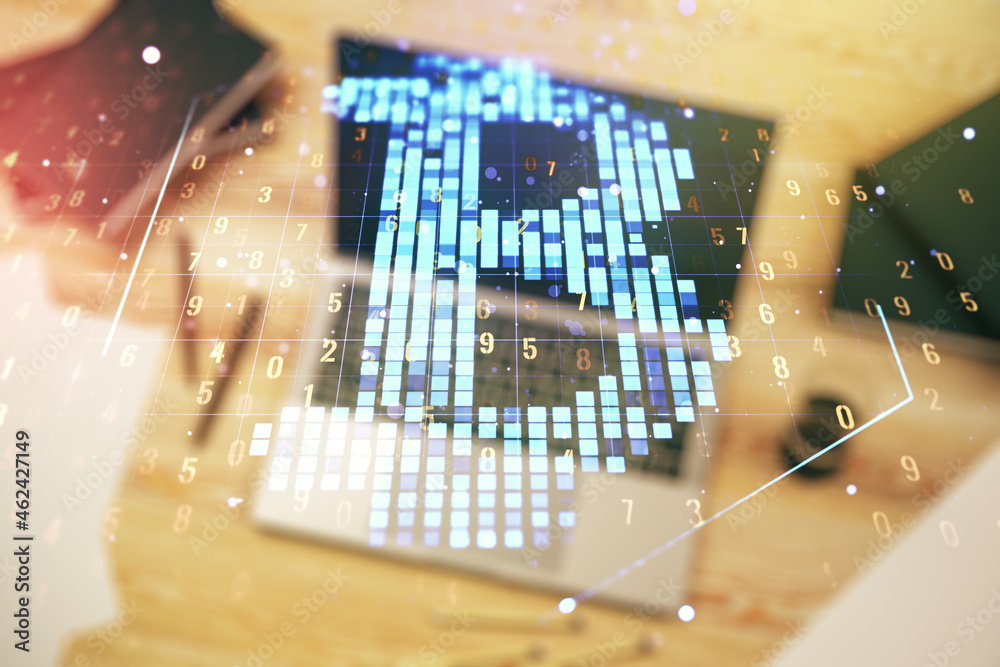 Poster creative bitcoin concept with modern computer background. double exposure