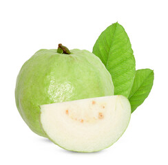 Guava fruit with leaf isolated on white background.