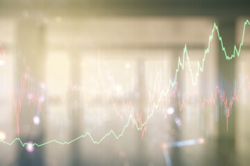 Multi exposure of virtual abstract financial graph interface on modern interior background, financial and trading concept