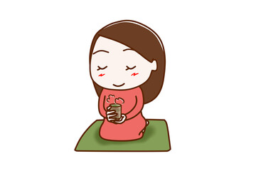 ＜全身・斜め＞正座して座布団に座り日本茶をゆっくり楽しんで飲む女性