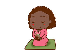 ＜全身・斜め＞正座して座布団に座り日本茶をゆっくり楽しんで飲むアフリカ系女性