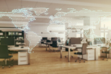 Abstract creative world map interface on a modern furnished office background, international trading concept. Multiexposure