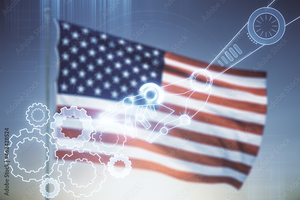 Aufkleber Abstract virtual robotics technology hologram on USA flag and sunset sky background. Robot development and automation concept. Multiexposure