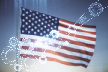 Abstract virtual robotics technology hologram on USA flag and sunset sky background. Robot...