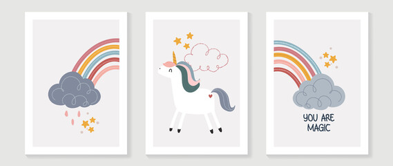 Kids wall art vector collection. Cute hand drawn design with cloud , rainbow, unicorn and star. Wallpaper background design for kids room decoration, Nursery wall art, Baby and toy cards and cover. © TWINS DESIGN STUDIO
