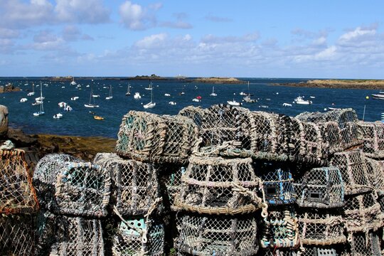 casiers à homards ,archipel des îles Chausey en Normandie, baie du mont Saint-Michel