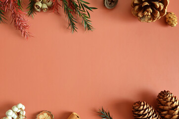 Empty Cover design with pine cones and dried fruit in the natural concept.