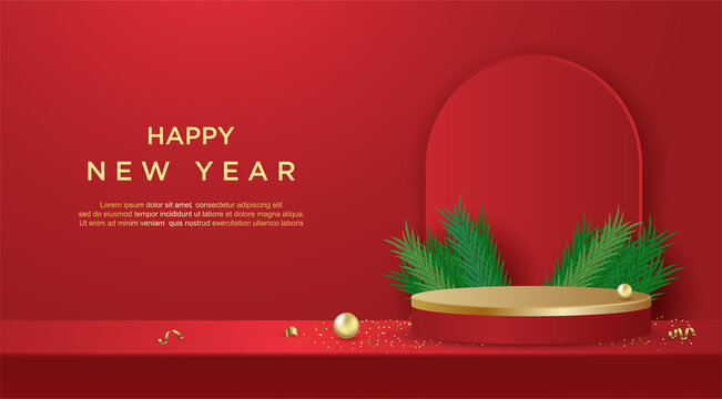 Happy new year with product display cylindrical shape on red background