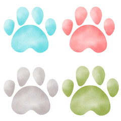 Paw prints watercolor clipart. Hand painted animal footprints. Illustration for kids graphics, nursery decor.