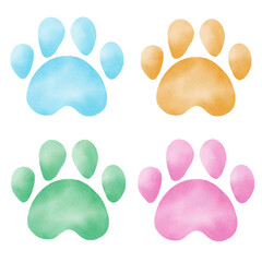 Hand painted watercolor paw prints. Pastel color footprints clipart for wallpaper, kids graphics, DIY projects.