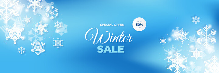 Winter Christmas sale blue banner with snowflake palm tree and clouds on blue background. Vector illustration